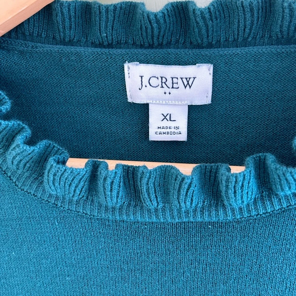 J. Crew Women’s 100% Cotton Ruffle Neck Sweater in Alpine Green Size XL EUC
